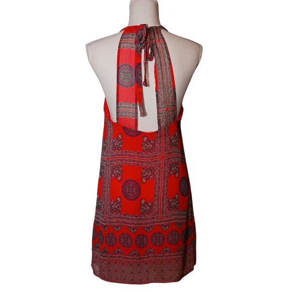 2 Lulus Chiffon Shift Dresses Size S Coral Red Geometric/Black V-Neck Cut-Out - Picture 3 of 16